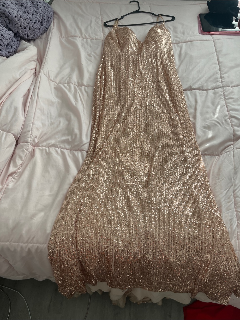 Gold Sequin Evening Gown with Spaghetti Straps